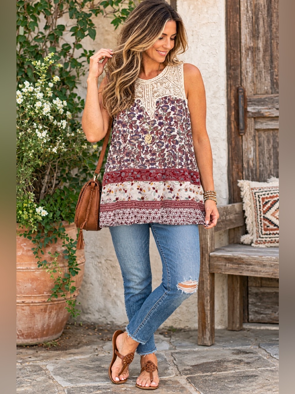 Maeve Anthropologie Boho Lace Yoke Eleanor Tank Top Size Large Cream Burgundy